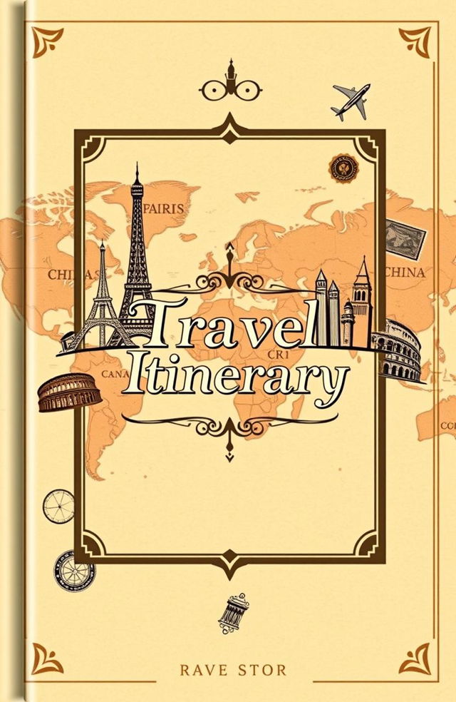 An elegant travel itinerary book cover design featuring a stylish layout, with a vintage world map in the background