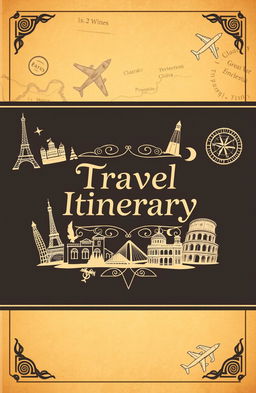 An elegant travel itinerary book cover design featuring a stylish layout, with a vintage world map in the background