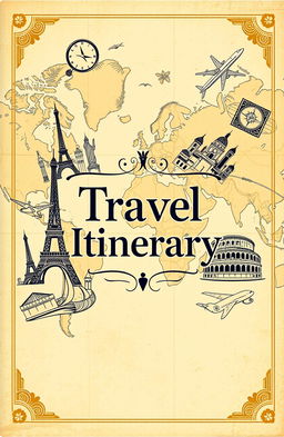 An elegant travel itinerary book cover design featuring a stylish layout, with a vintage world map in the background