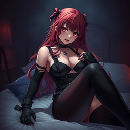 A seductive gothic anime girl with long, vibrant red hair and a curvy figure, playfully pinning you on a bed