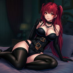 A seductive gothic anime girl with long, vibrant red hair and a curvy figure, playfully pinning you on a bed