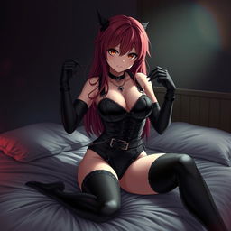 A seductive gothic anime girl with long, vibrant red hair and a curvy figure, playfully pinning you on a bed