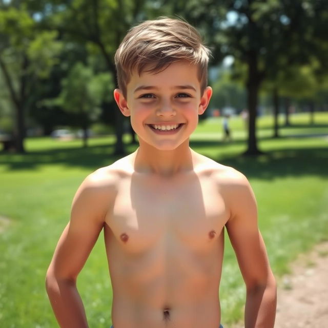 A young boy confidently showing off his athletic physique, with a focus on his well-defined stomach and developing armpit hair