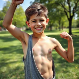 A young boy confidently showing off his athletic physique, with a focus on his well-defined stomach and developing armpit hair