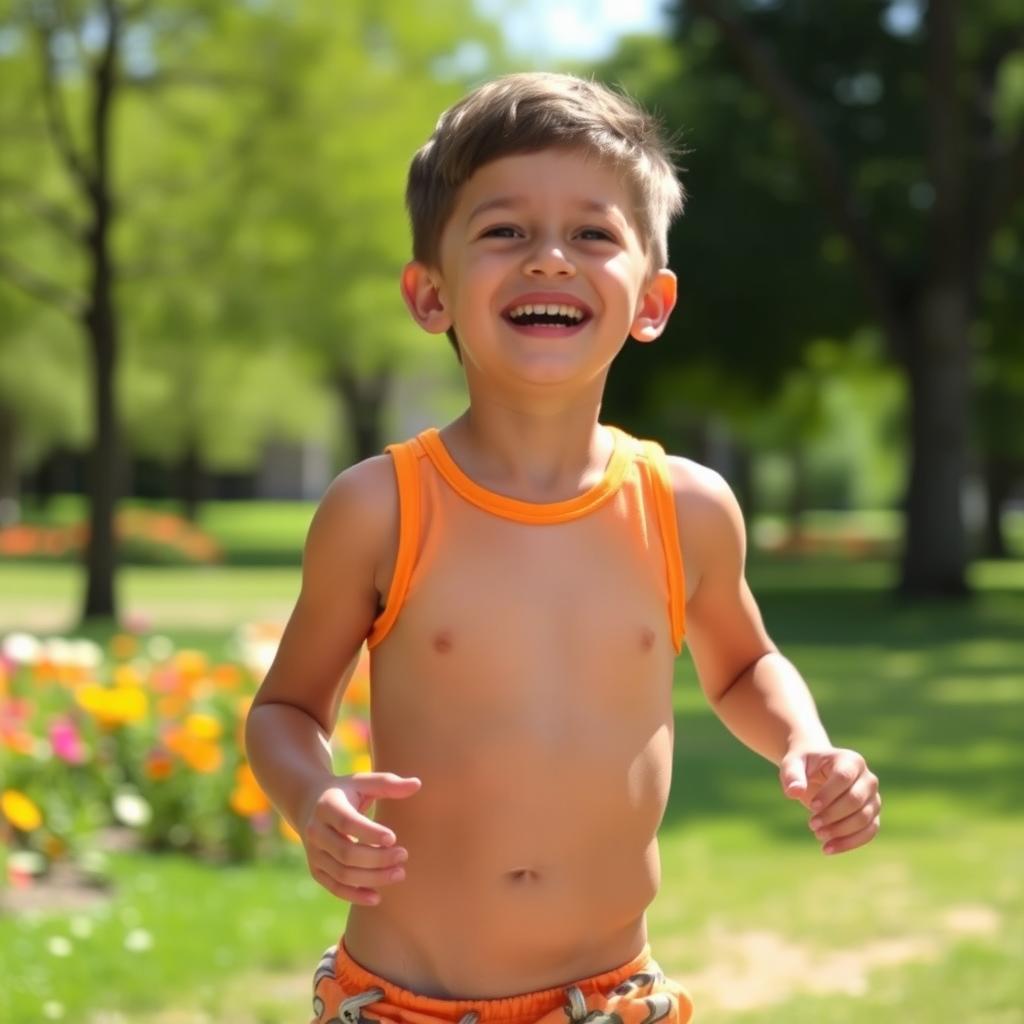A young boy engaging in a fun outdoor activity, showcasing his developing armpit hair and stomach