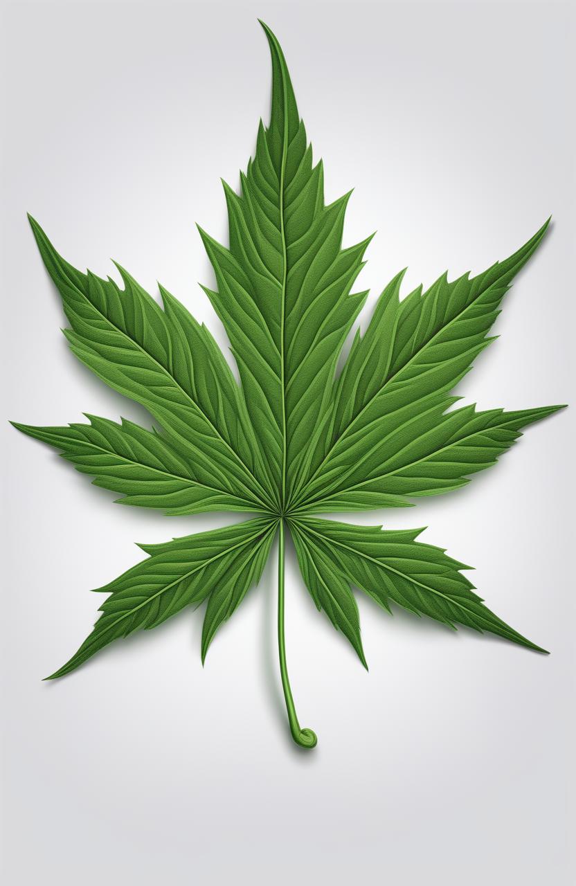 A high-quality digital art image featuring a meticulously drawn weed leaf in a vibrant green color against a stark white background