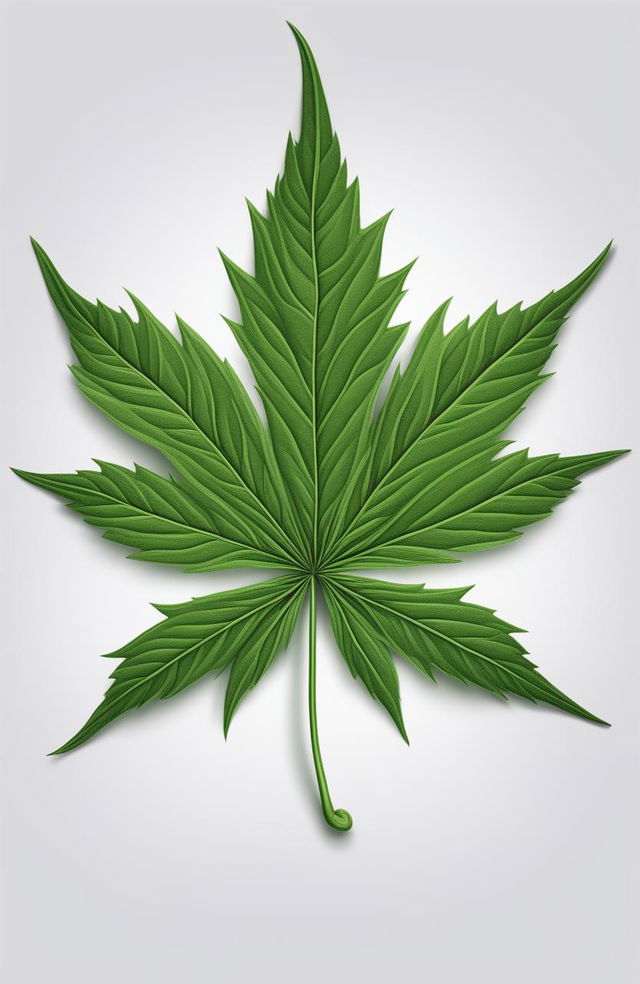 A high-quality digital art image featuring a meticulously drawn weed leaf in a vibrant green color against a stark white background