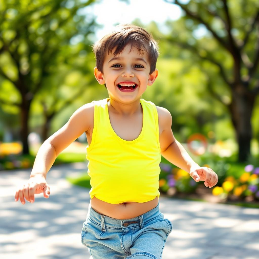 A young boy engaging in a fun outdoor activity, showcasing his developing armpit hair and stomach