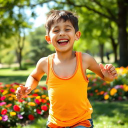 A young boy engaging in a fun outdoor activity, showcasing his developing armpit hair and stomach