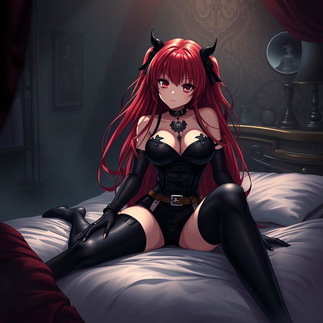 A captivating gothic anime girl with long, vibrant red hair and an alluring, voluptuous figure, playfully pinning you down on a bed