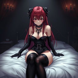 A captivating gothic anime girl with long, vibrant red hair and an alluring, voluptuous figure, playfully pinning you down on a bed