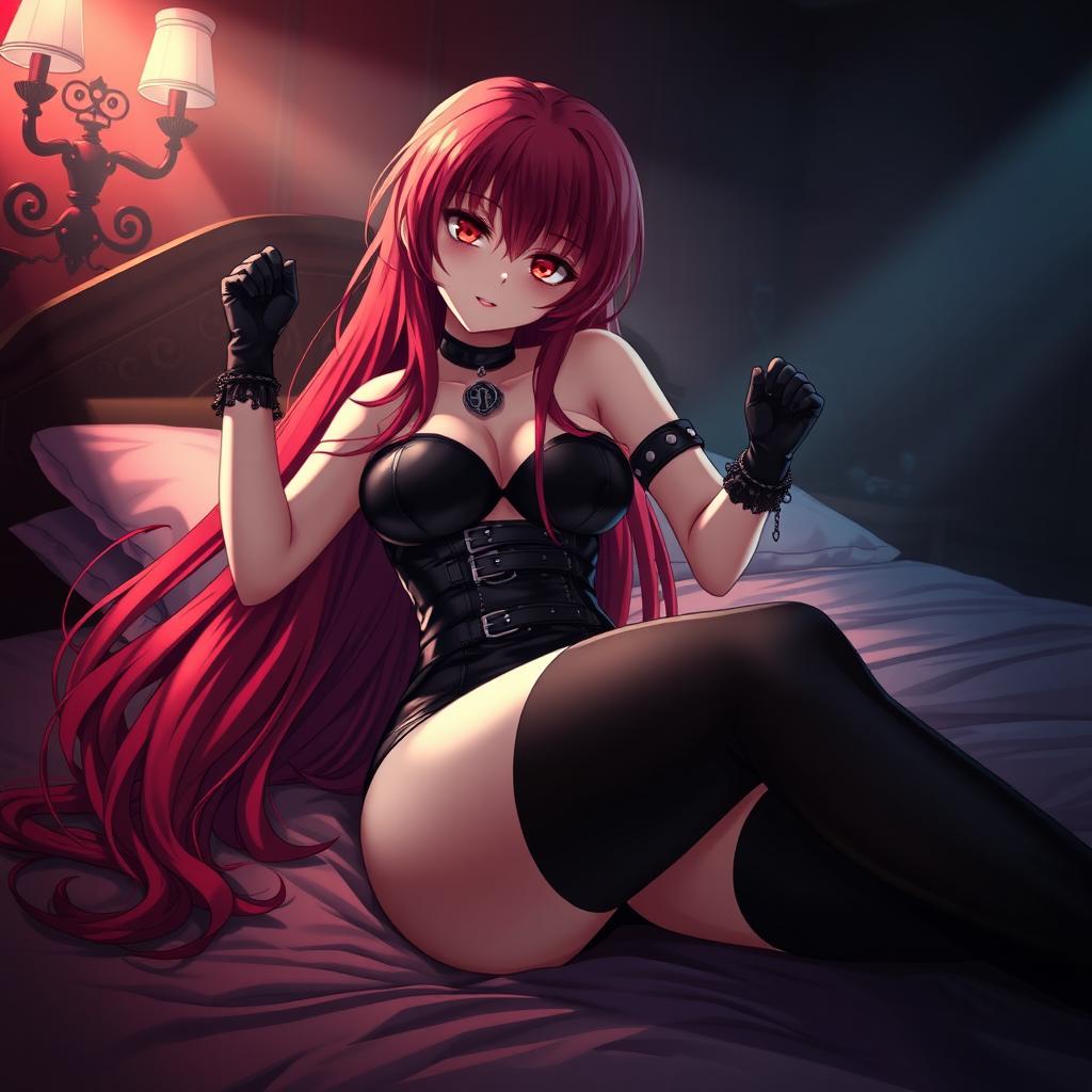 A captivating gothic anime girl with long, vibrant red hair and an alluring, voluptuous figure, playfully pinning you down on a bed