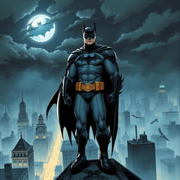 A striking and detailed illustration of Batman in a dark, gritty Gotham City at night
