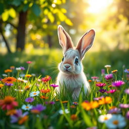 A cute baby rabbit sitting in a lush green meadow, surrounded by colorful wildflowers