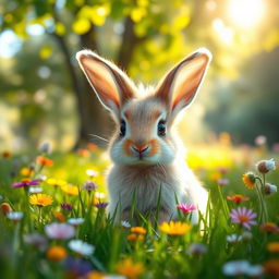 A cute baby rabbit sitting in a lush green meadow, surrounded by colorful wildflowers