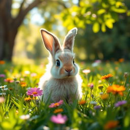 A cute baby rabbit sitting in a lush green meadow, surrounded by colorful wildflowers