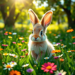 A cute baby rabbit sitting in a lush green meadow, surrounded by colorful wildflowers