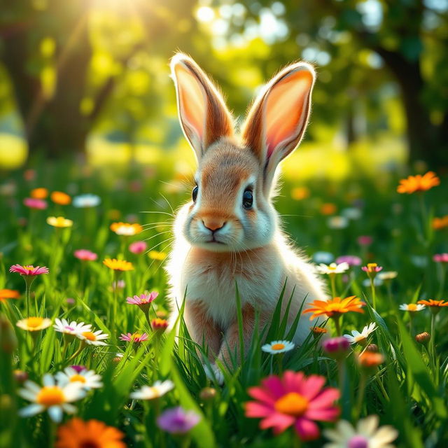 A cute baby rabbit sitting in a lush green meadow, surrounded by colorful wildflowers