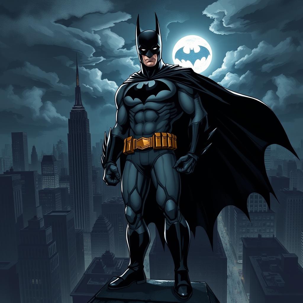 A striking and detailed illustration of Batman in a dark, gritty Gotham City at night