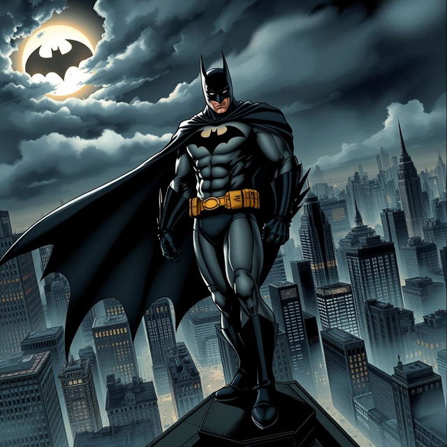 A striking and detailed illustration of Batman in a dark, gritty Gotham City at night