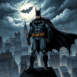 A striking and detailed illustration of Batman in a dark, gritty Gotham City at night