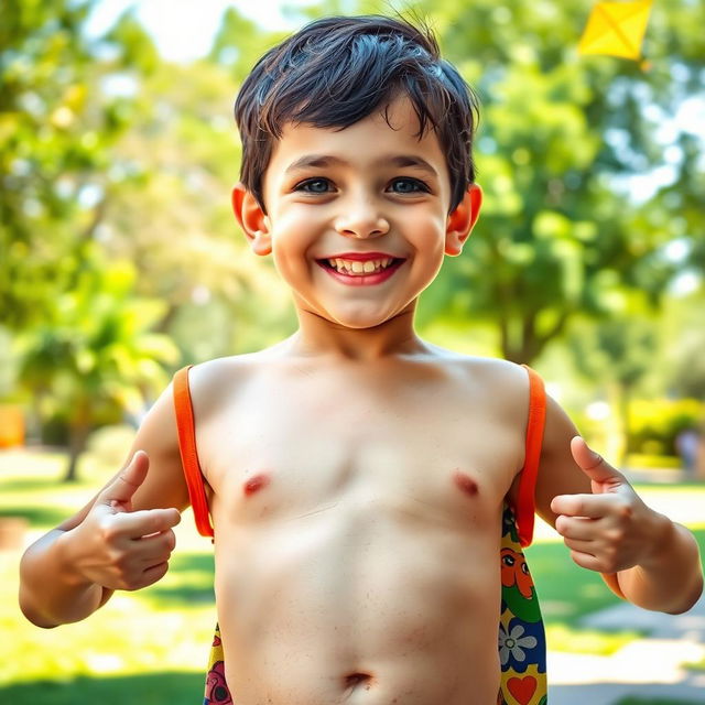 A young boy playfully showcasing his developing armpit hair and stomach in a lighthearted and innocent manner