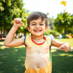 A young boy playfully showcasing his developing armpit hair and stomach in a lighthearted and innocent manner