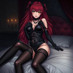 An alluring gothic anime girl with long, luscious red hair and an exaggeratedly voluptuous figure, playfully pinning you on a luxurious bed