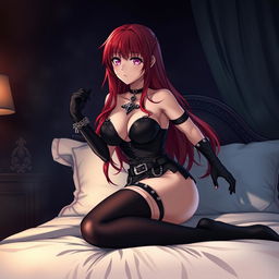 An alluring gothic anime girl with long, luscious red hair and an exaggeratedly voluptuous figure, playfully pinning you on a luxurious bed