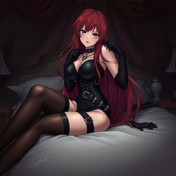 An alluring gothic anime girl with long, luscious red hair and an exaggeratedly voluptuous figure, playfully pinning you on a luxurious bed