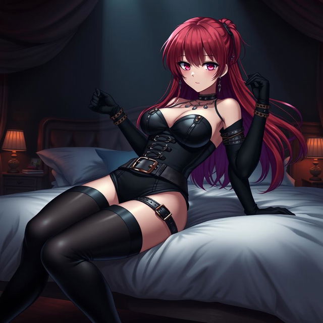 An alluring gothic anime girl with long, luscious red hair and an exaggeratedly voluptuous figure, playfully pinning you on a luxurious bed