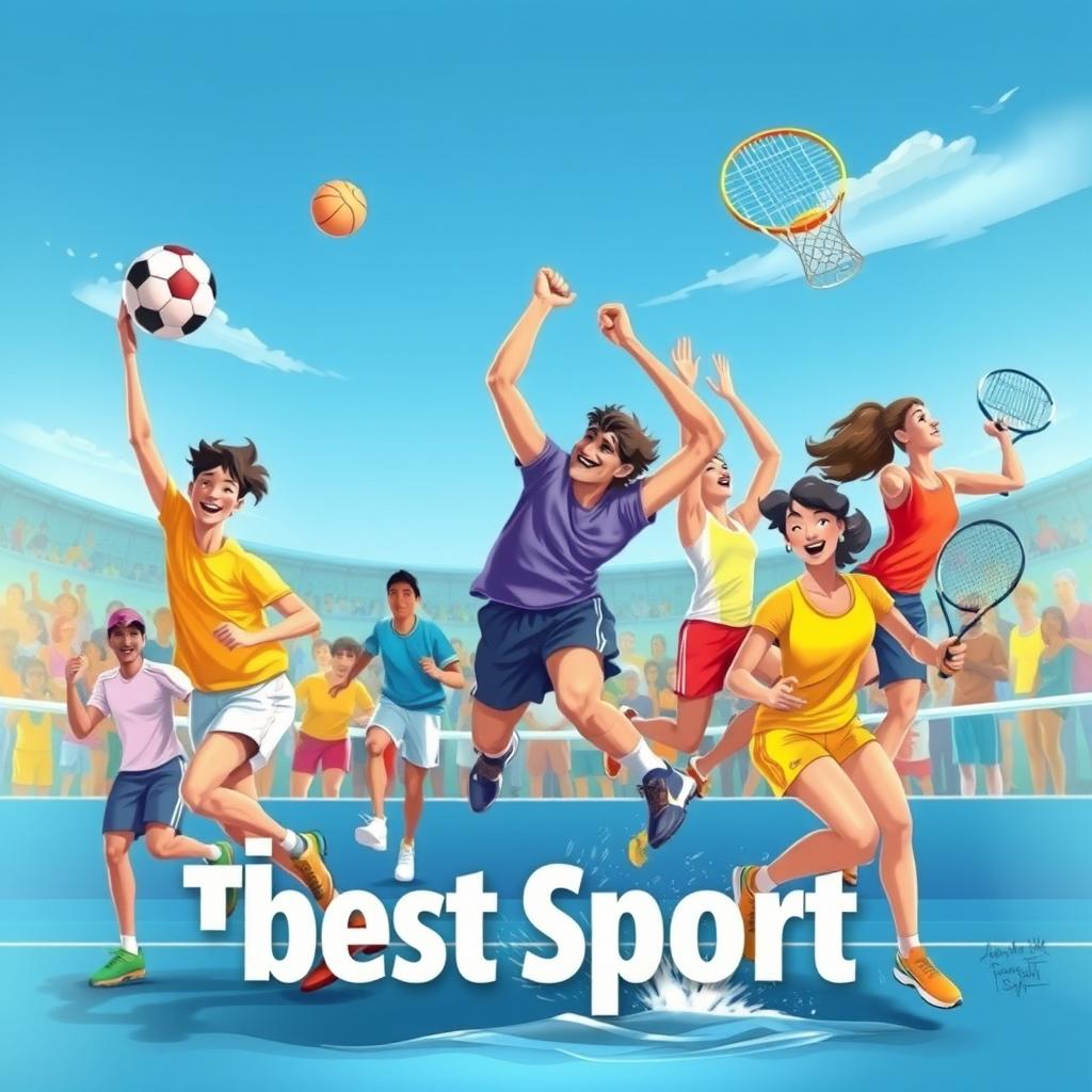 The concept of the best sport, depicted through a vivid and dynamic illustration, showcasing various athletes engaged in different sports such as soccer, basketball, swimming, and tennis