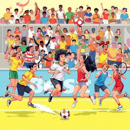 The concept of the best sport, depicted through a vivid and dynamic illustration, showcasing various athletes engaged in different sports such as soccer, basketball, swimming, and tennis