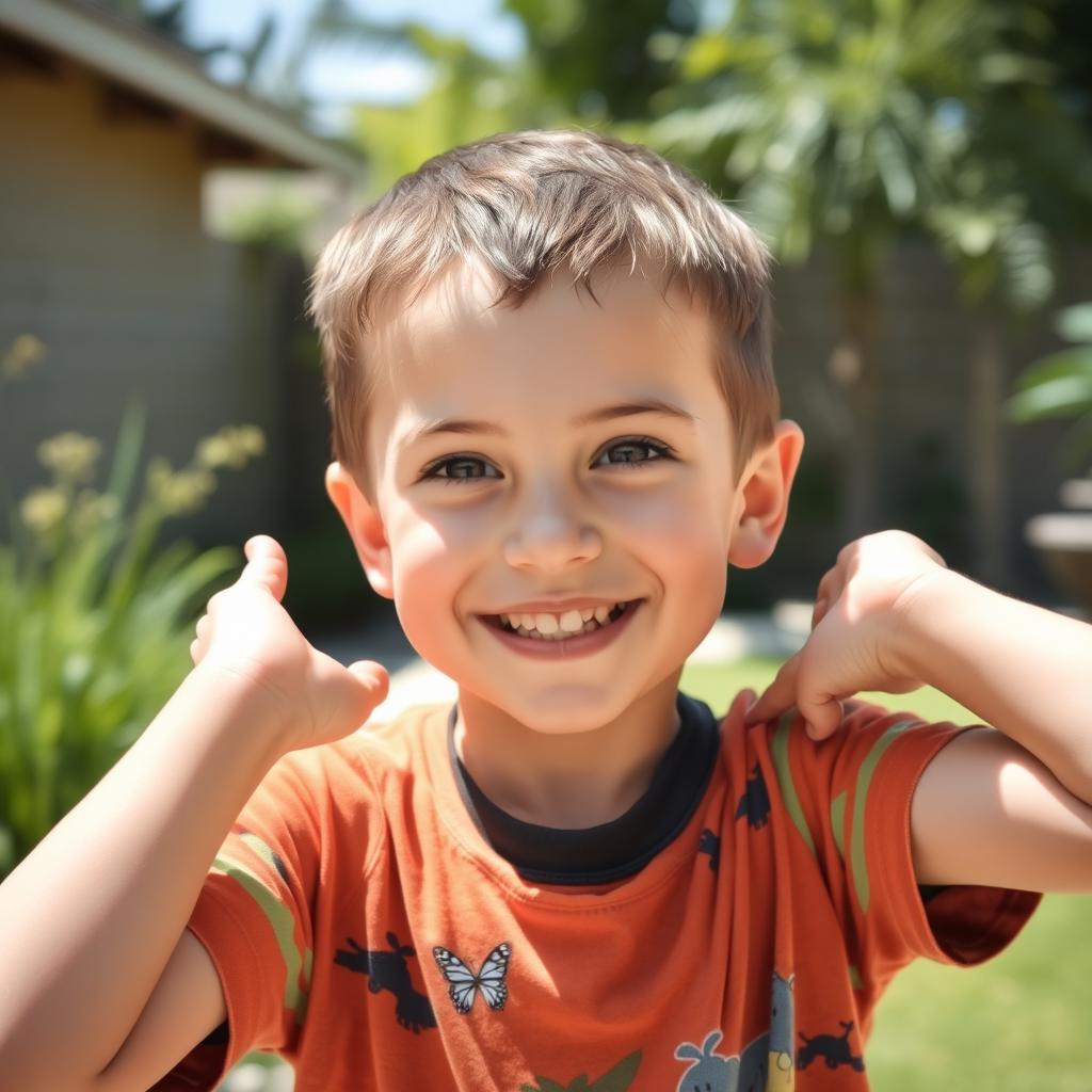 A close-up, innocent portrait of a young boy playfully showing his developing armpit hair, with a lighthearted and cheerful demeanor