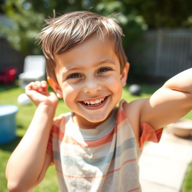 A close-up, innocent portrait of a young boy playfully showing his developing armpit hair, with a lighthearted and cheerful demeanor