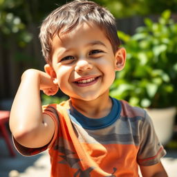 A close-up, innocent portrait of a young boy playfully showing his developing armpit hair, with a lighthearted and cheerful demeanor