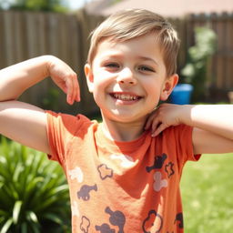 A close-up, innocent portrait of a young boy playfully showing his developing armpit hair, with a lighthearted and cheerful demeanor