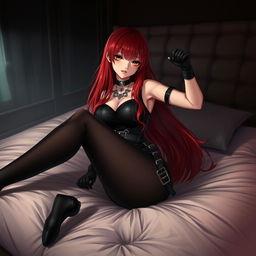 A stunning gothic anime girl with long, flowing red hair and an exaggeratedly voluptuous figure, playfully pinning you down on a plush bed