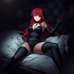 A stunning gothic anime girl with long, flowing red hair and an exaggeratedly voluptuous figure, playfully pinning you down on a plush bed