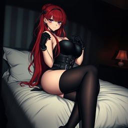 A stunning gothic anime girl with long, flowing red hair and an exaggeratedly voluptuous figure, playfully pinning you down on a plush bed