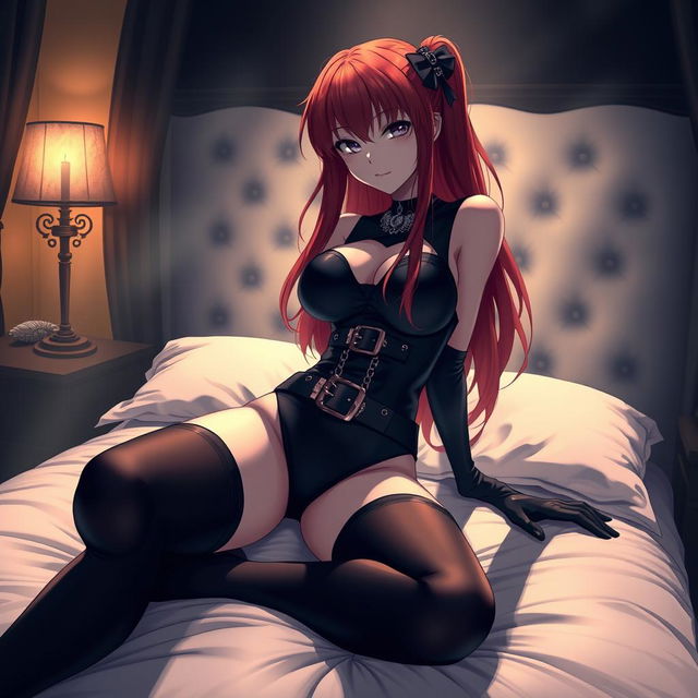 A stunning gothic anime girl with long, flowing red hair and an exaggeratedly voluptuous figure, playfully pinning you down on a plush bed