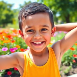 A positive and lighthearted image of a young boy smiling and playfully showcasing his developing armpit hair