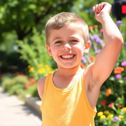 A positive and lighthearted image of a young boy smiling and playfully showcasing his developing armpit hair