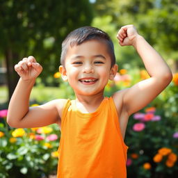 A positive and lighthearted image of a young boy smiling and playfully showcasing his developing armpit hair