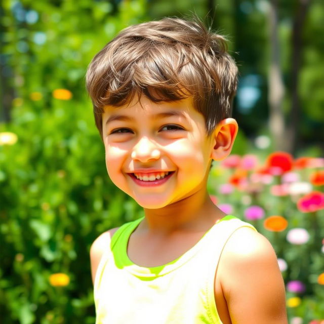 A positive and lighthearted image of a young boy smiling and playfully showcasing his developing armpit hair