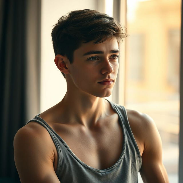 A focused and artistic image highlighting the armpit hair of an eighteen-year-old boy, showcasing the natural growth and texture in a relaxed and comfortable setting