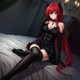 An enchanting gothic anime girl with long, flowing red hair and an impressively voluptuous figure, pinning you playfully on a plush bed
