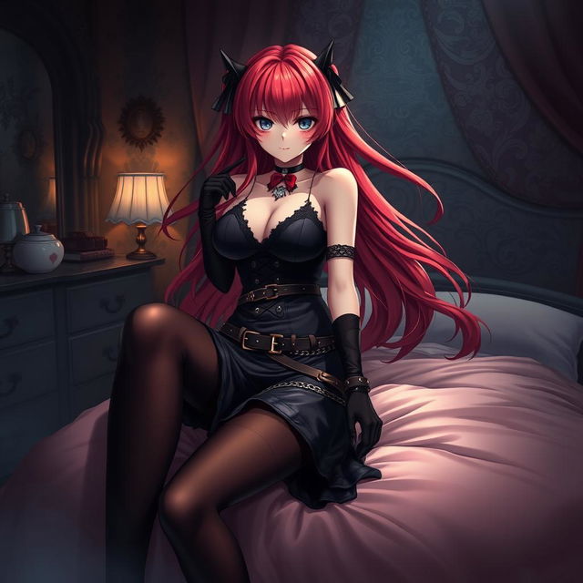 An enchanting gothic anime girl with long, flowing red hair and an impressively voluptuous figure, pinning you playfully on a plush bed