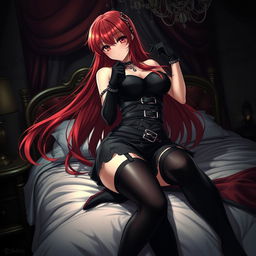 An enchanting gothic anime girl with long, flowing red hair and an impressively voluptuous figure, pinning you playfully on a plush bed
