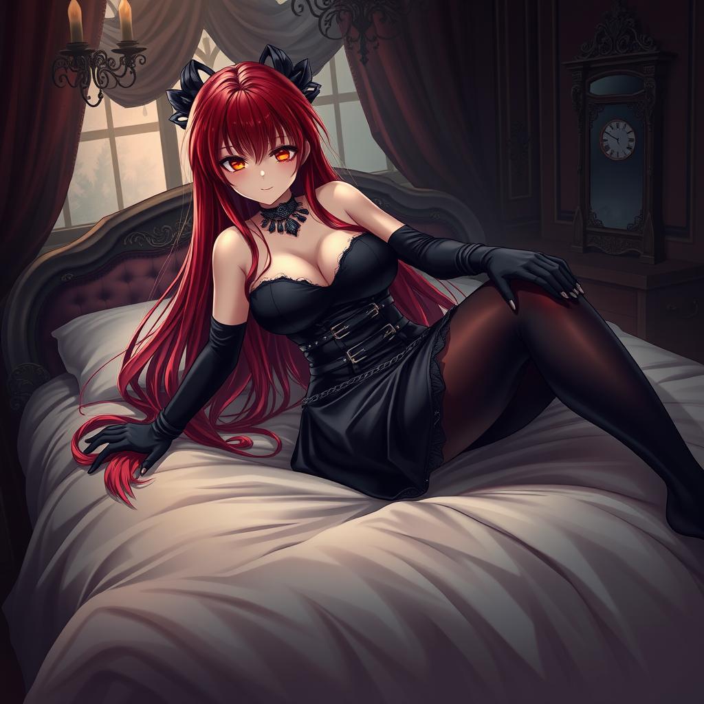 An enchanting gothic anime girl with long, flowing red hair and an impressively voluptuous figure, pinning you playfully on a plush bed